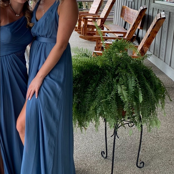 steel blue chiffon bridesmaid dresses Bari Jay Steel Blue Chiffon Halter Maxi Formal Gown